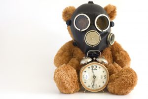 teddy in a gas mask